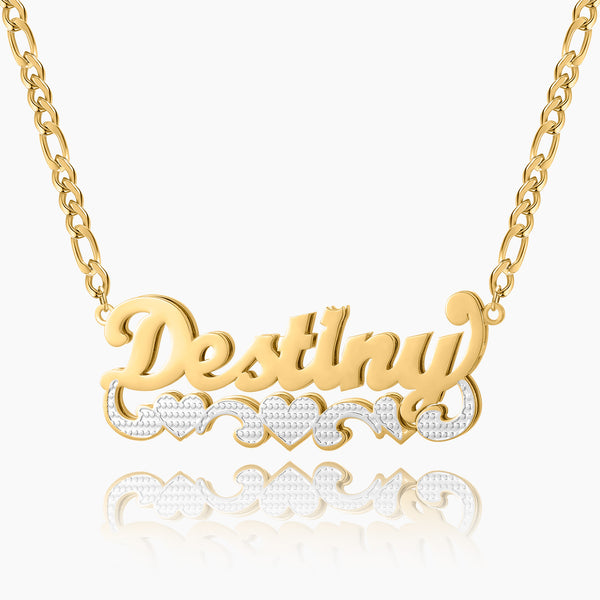 Double Plated Triple Heart Name Necklace w/ Cuban Chain | Dorado Fashion