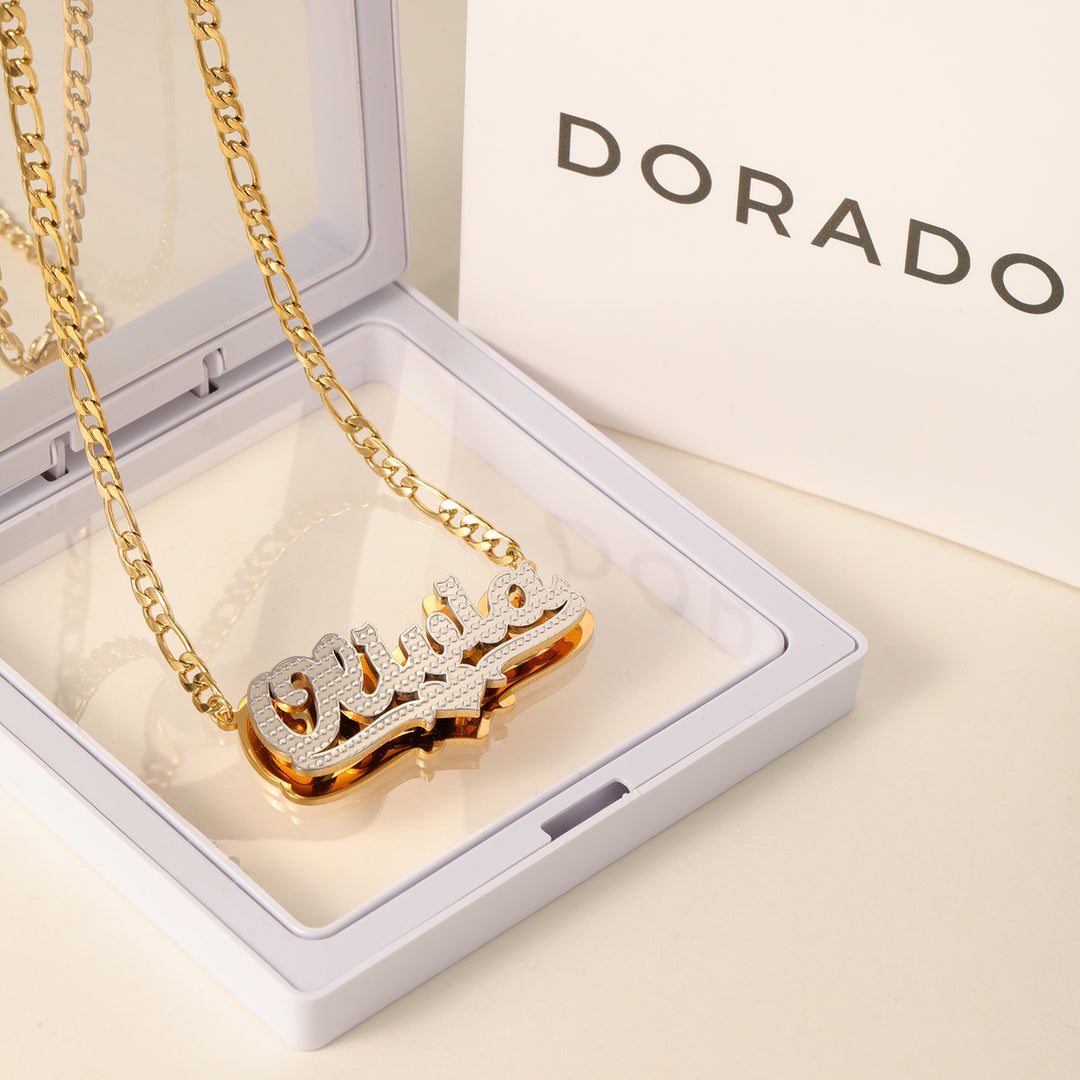 Double Plated Pop Out Heart Name Necklace w/ Figaro Chain | DORADO