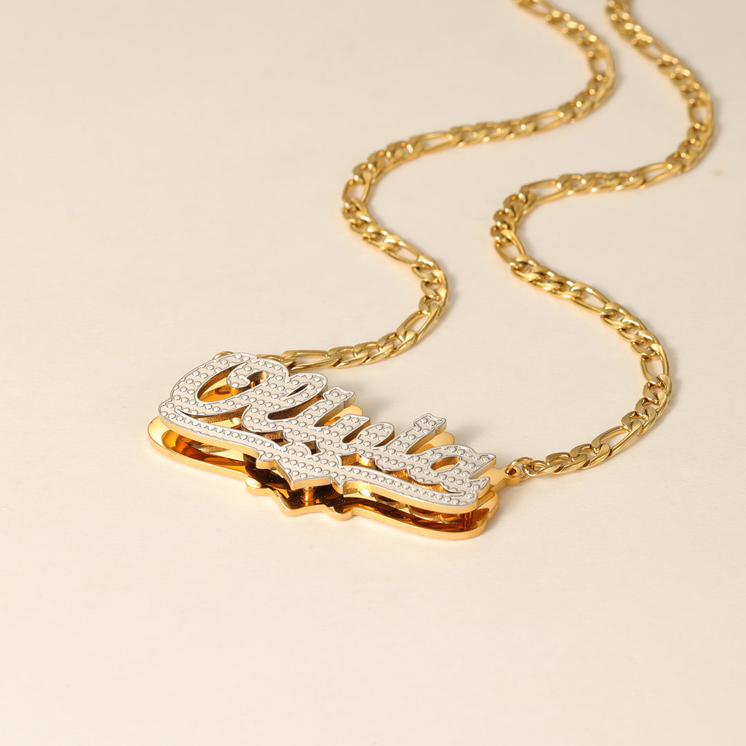 Kids Double Plated Pop Out Heart Name Necklace w/ Figaro Chain | DORADO