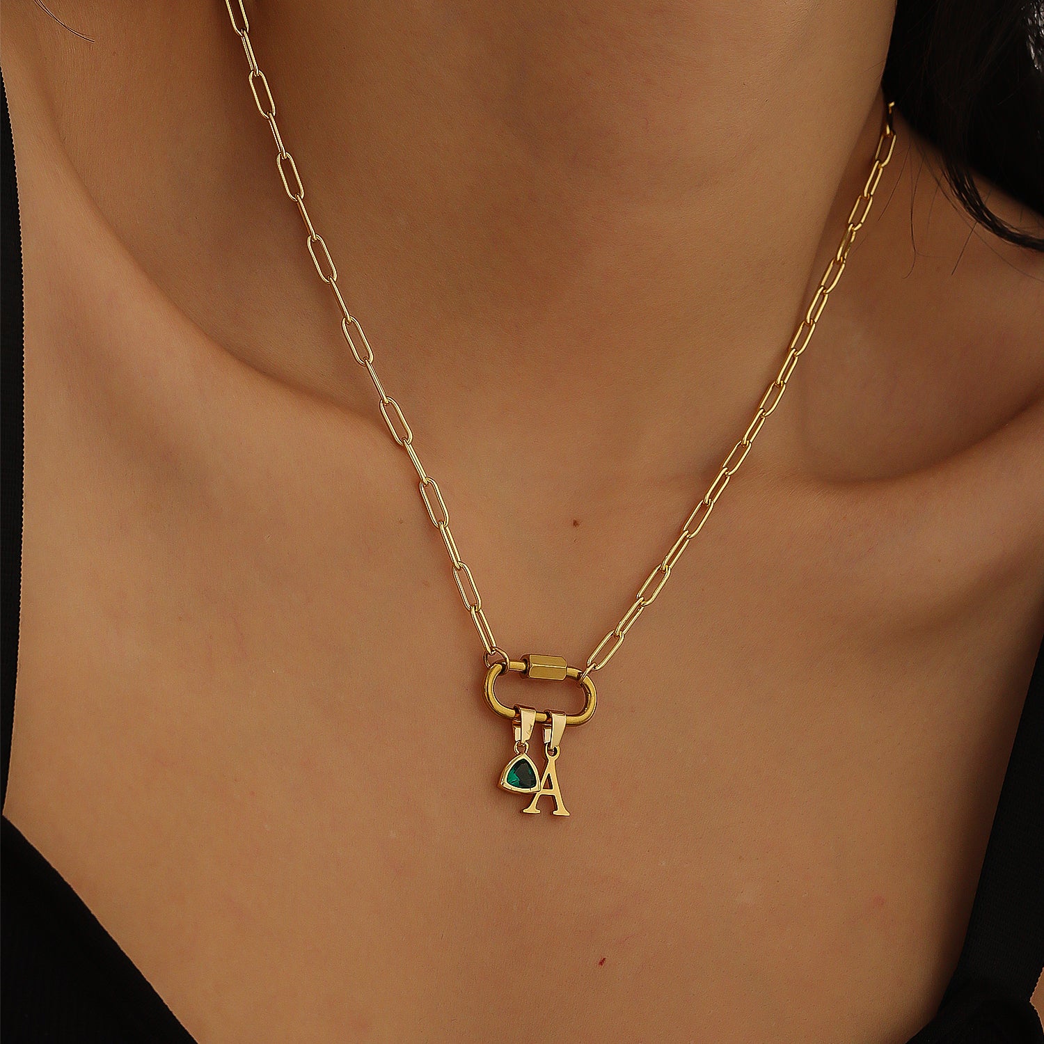 Initial Birthstone w/ Paper Clip Chain | Necklaces by DORADO
