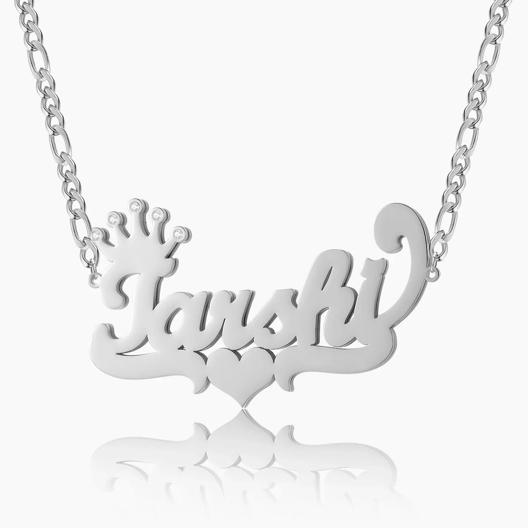 Kids Double Plated Crown Heart Name Necklace w/ Figaro Chain | DORADO