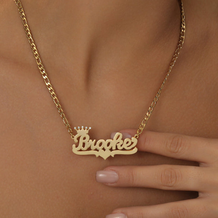 Kids Double Plated Crown Heart Name Necklace w/ Figaro Chain | Necklaces by DORADO
