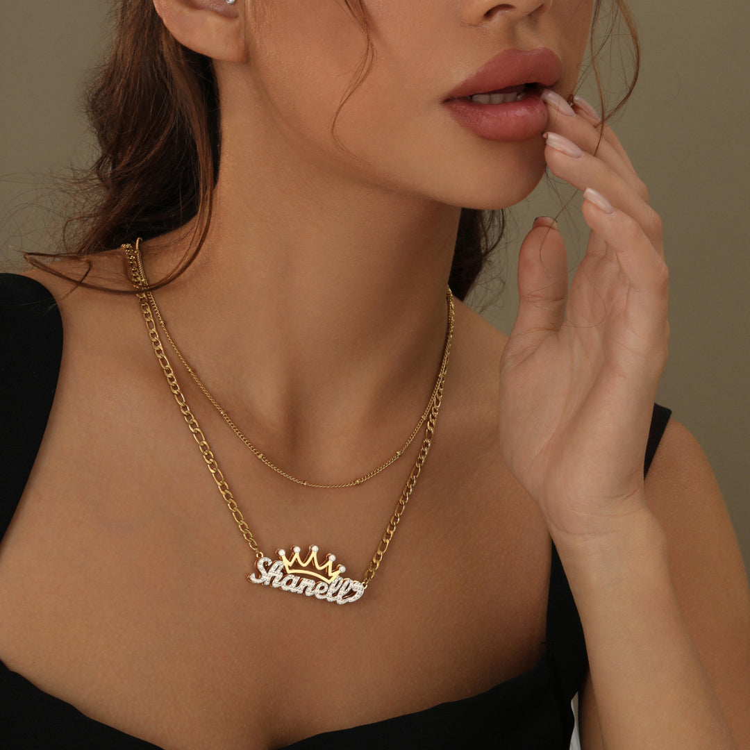 Double Plated Crown Name Necklace w/ Figaro Chain | Necklaces by DORADO