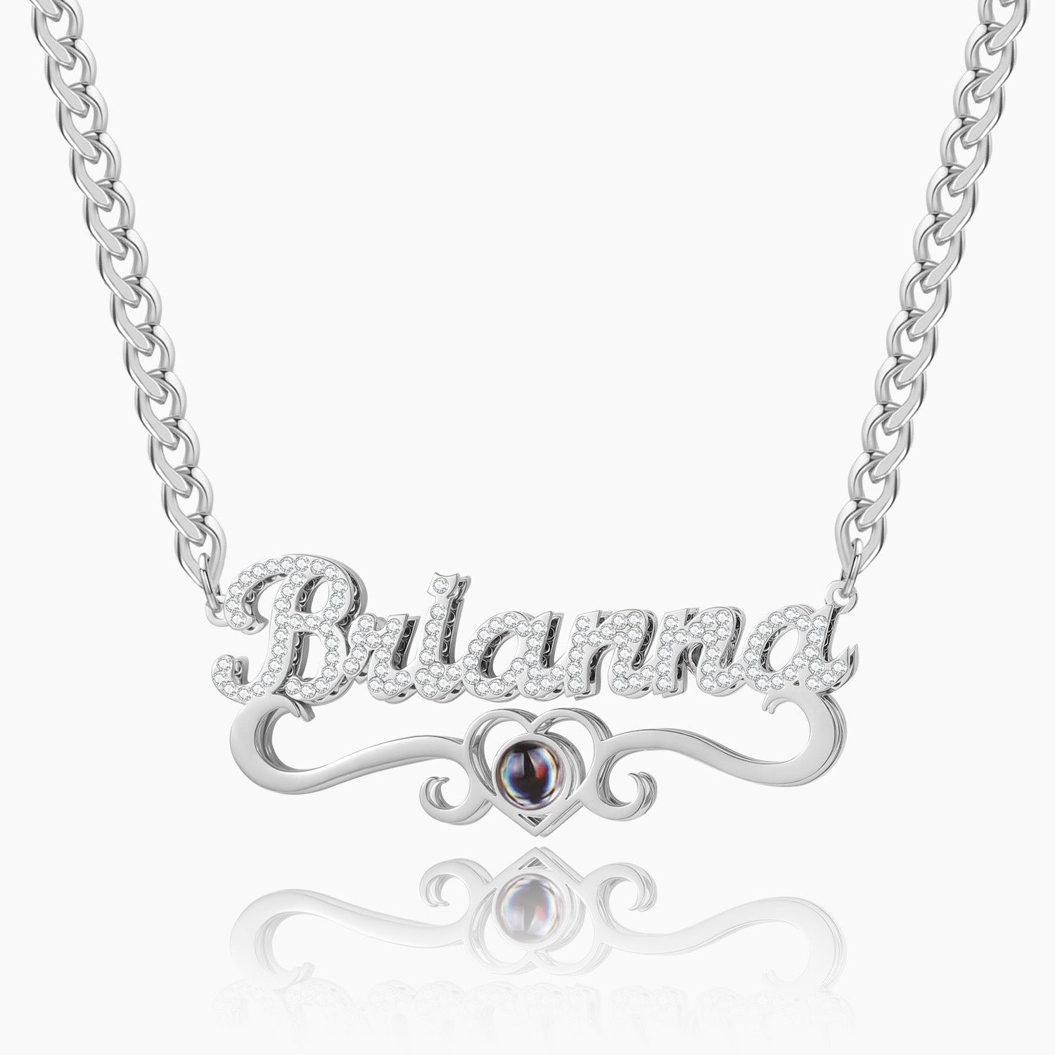 Double Plated Iced Heart Photo Name Necklace w/ Cuban Chain | Dorado Fashion