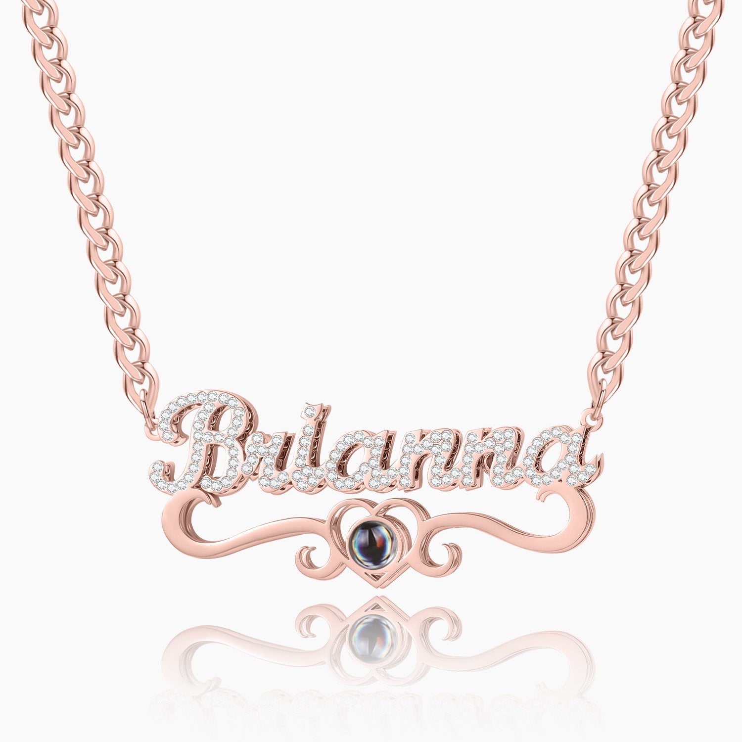 Double Plated Iced Heart Photo Name Necklace w/ Cuban Chain | Dorado Fashion