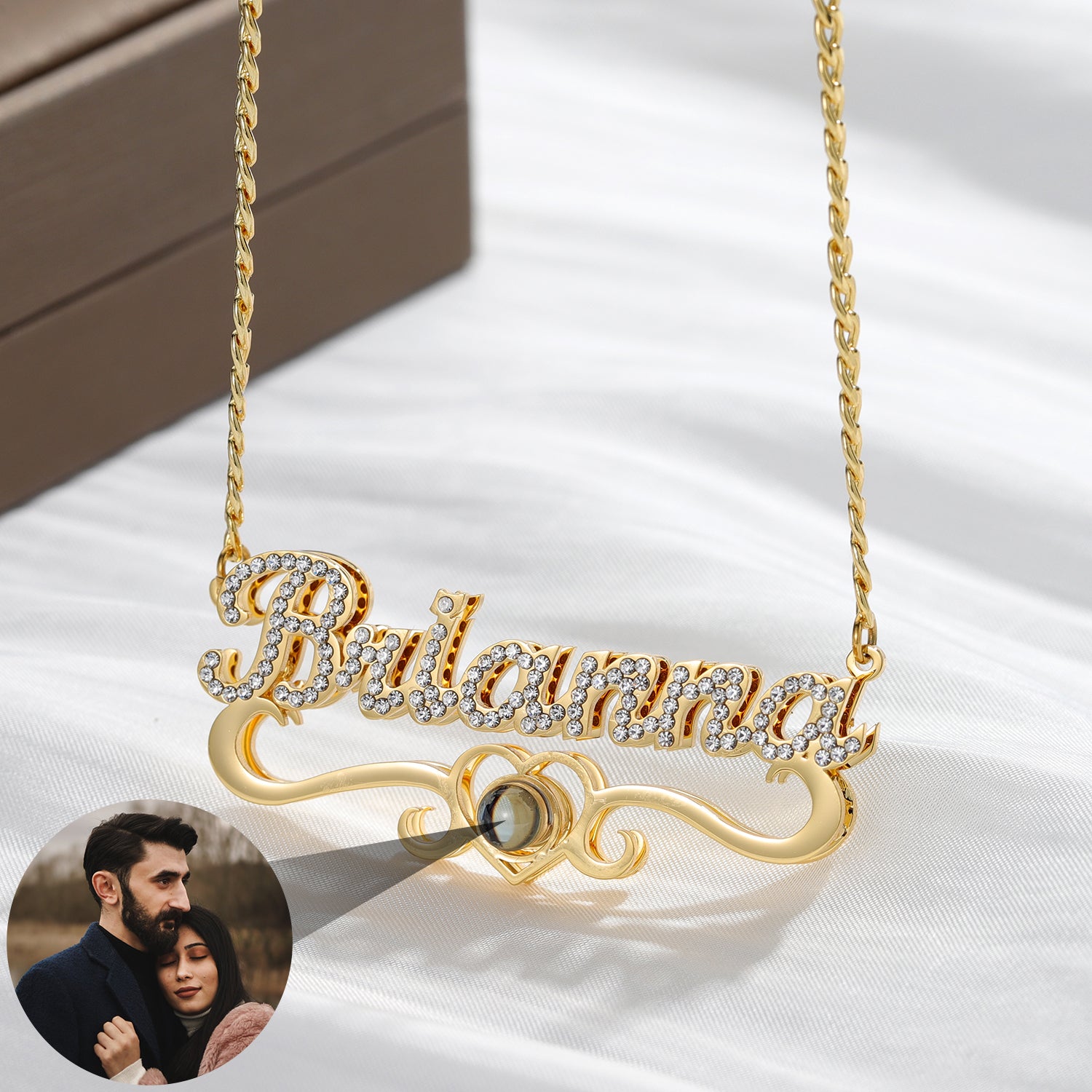 Double Plated Iced Heart Photo Name Necklace w/ Cuban Chain | Dorado Fashion