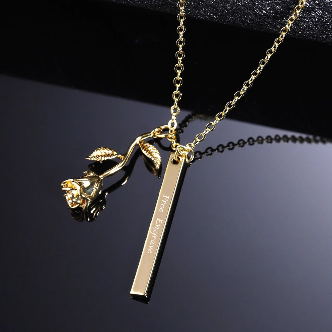 Engraved Rose Bar Necklace | Dorado Fashion
