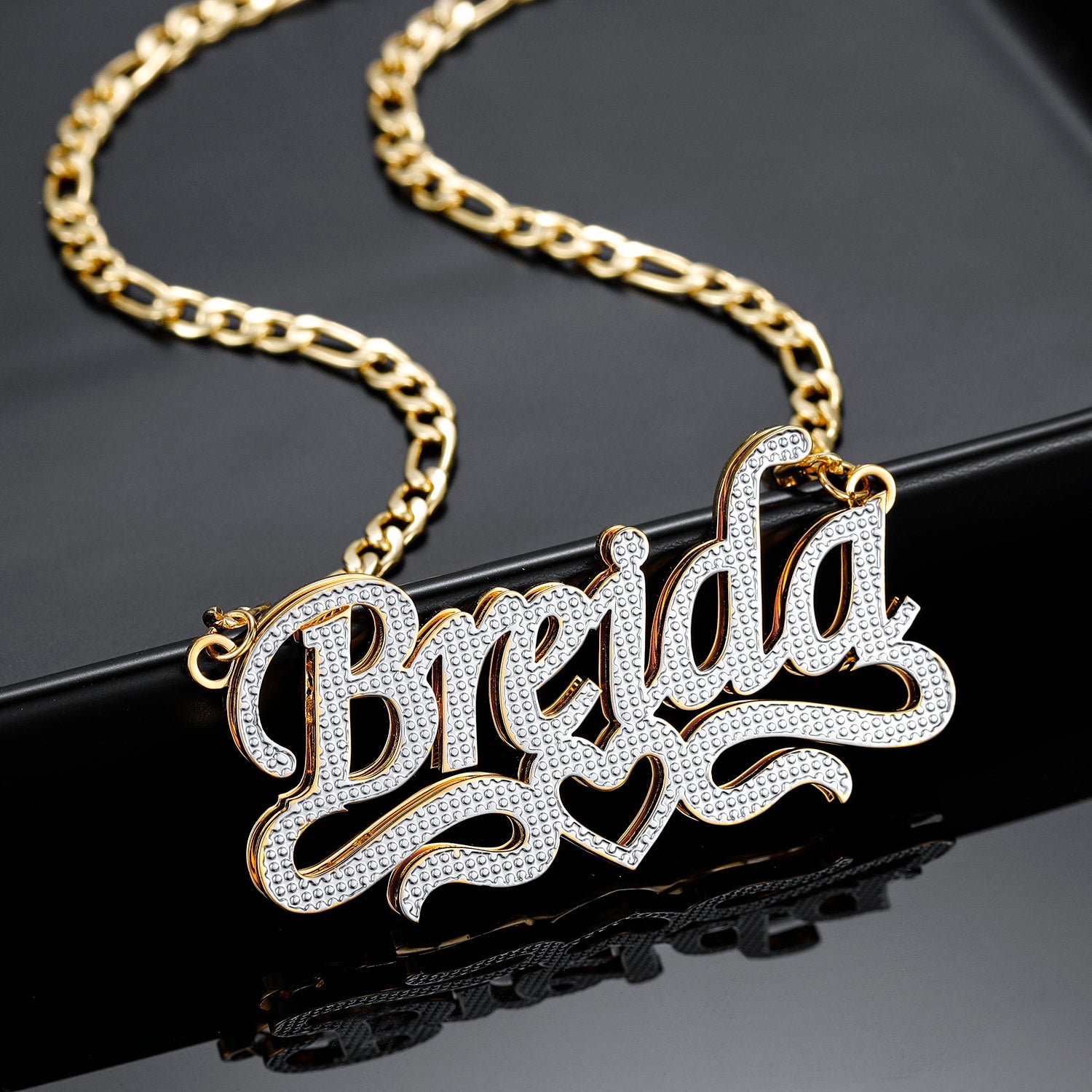Double Plated Heart Title Name Necklace w/ Figaro Chain | Dorado Fashion