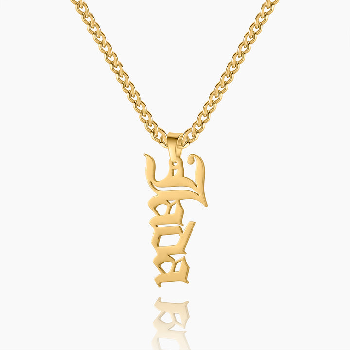 Vertical Gothic Name Necklace w/ Cuban Chain | Dorado Fashion