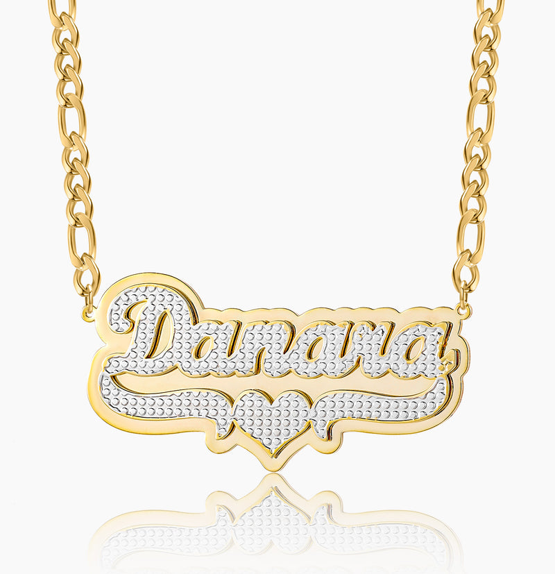 Double Plated Pop Out Heart Name Necklace w/ Figaro Chain | Dorado Fashion